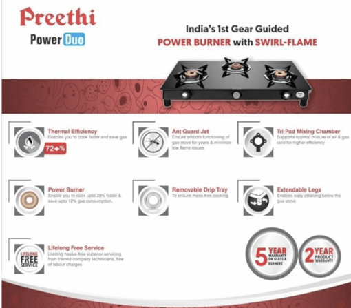 Preethi Bluflame Sparkle Power Duo 3 Burner Glass top Gas Stove with Power Burner and Swirl flame technology, saves gas and cooks faster, Manual Ignition, Black - Image 2
